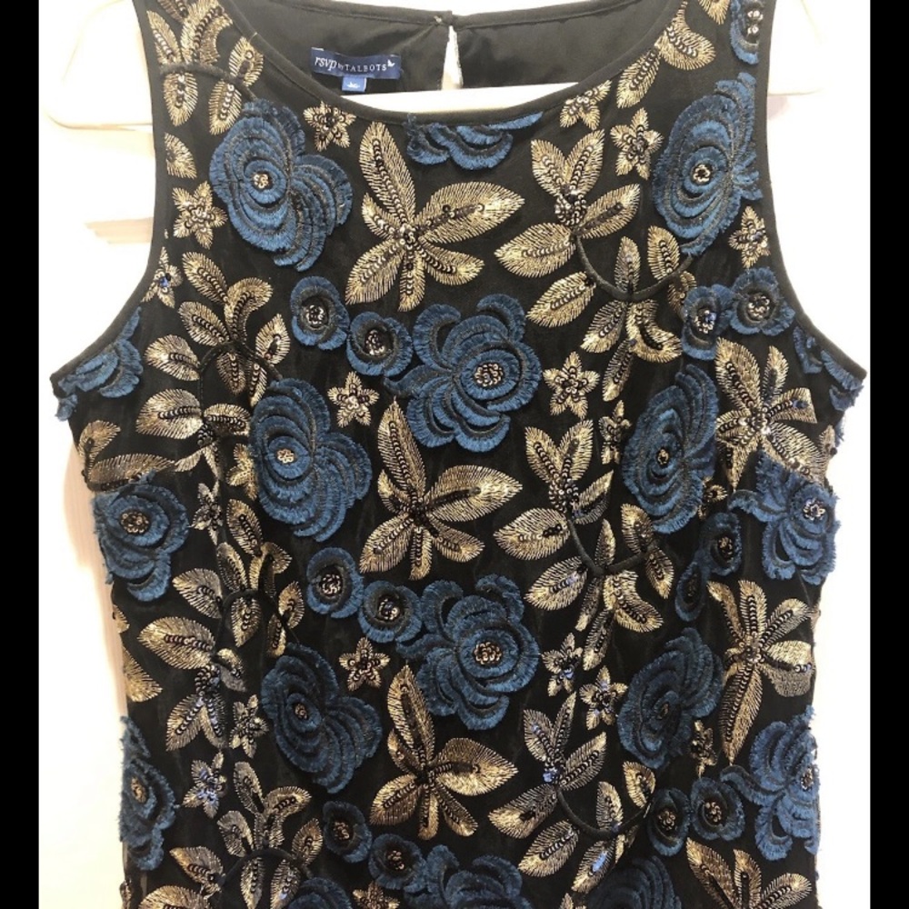 RSVP Talbots Top SZ Lg P Sleeveless Applique Blue Flora Gold Sequin Layer Black